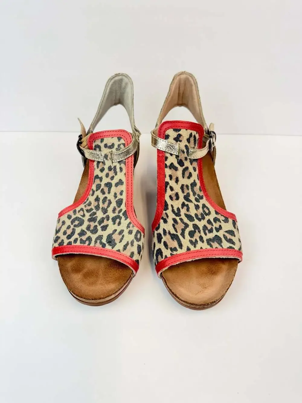 NAOT Fiona Wedge Sandals Cheetah Kiss Red Radiant Gold US 8 EU 39